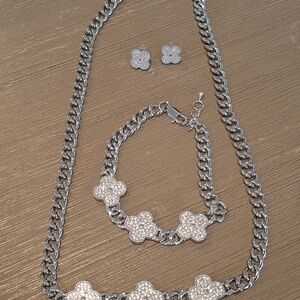 Silver Floral Pavé Necklace, Bracelet & Earring Set